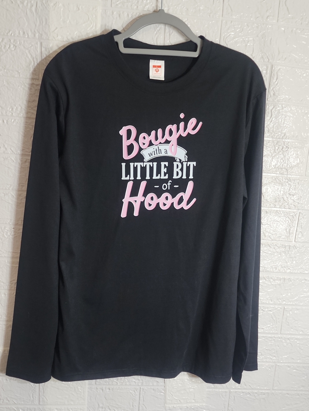 Black Long-Sleeve Tee with Pink 'Bougie' Graphic